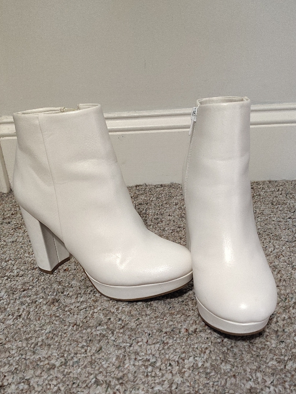 Women's White Platform Ankle Boots with Block Heel